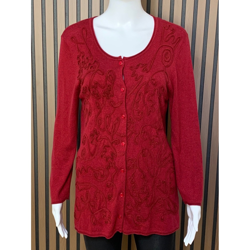 Coldwater Creek Red Cashmere Blend Soutache Embroidered Cardigan Sweater Medium